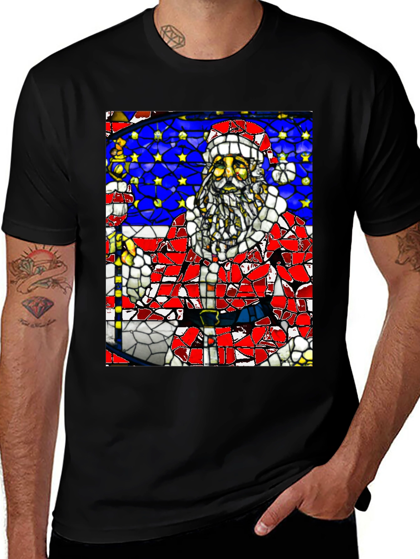 Stained Glass Santa Black T-Shirt