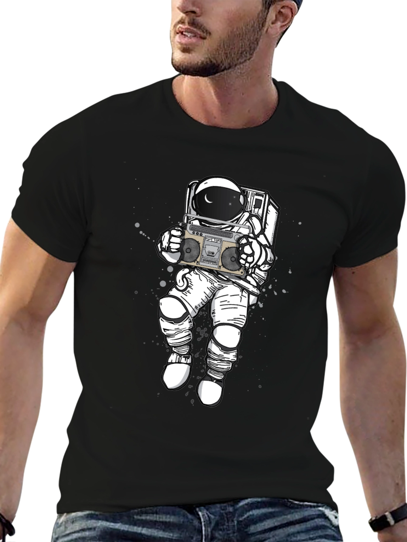 Retro Astronaut Boombox Graphic Tee - Black