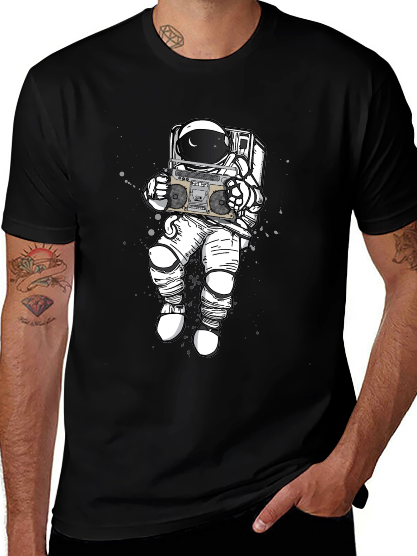 Retro Astronaut Boombox Graphic Tee - Black