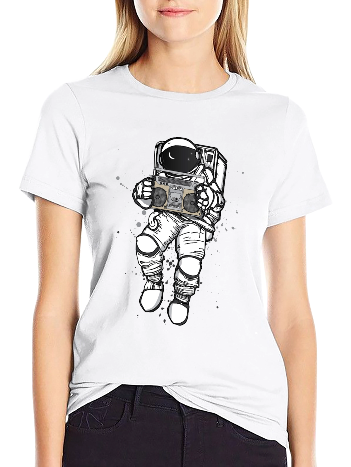 Retro Astronaut Boombox Graphic Tee - Black