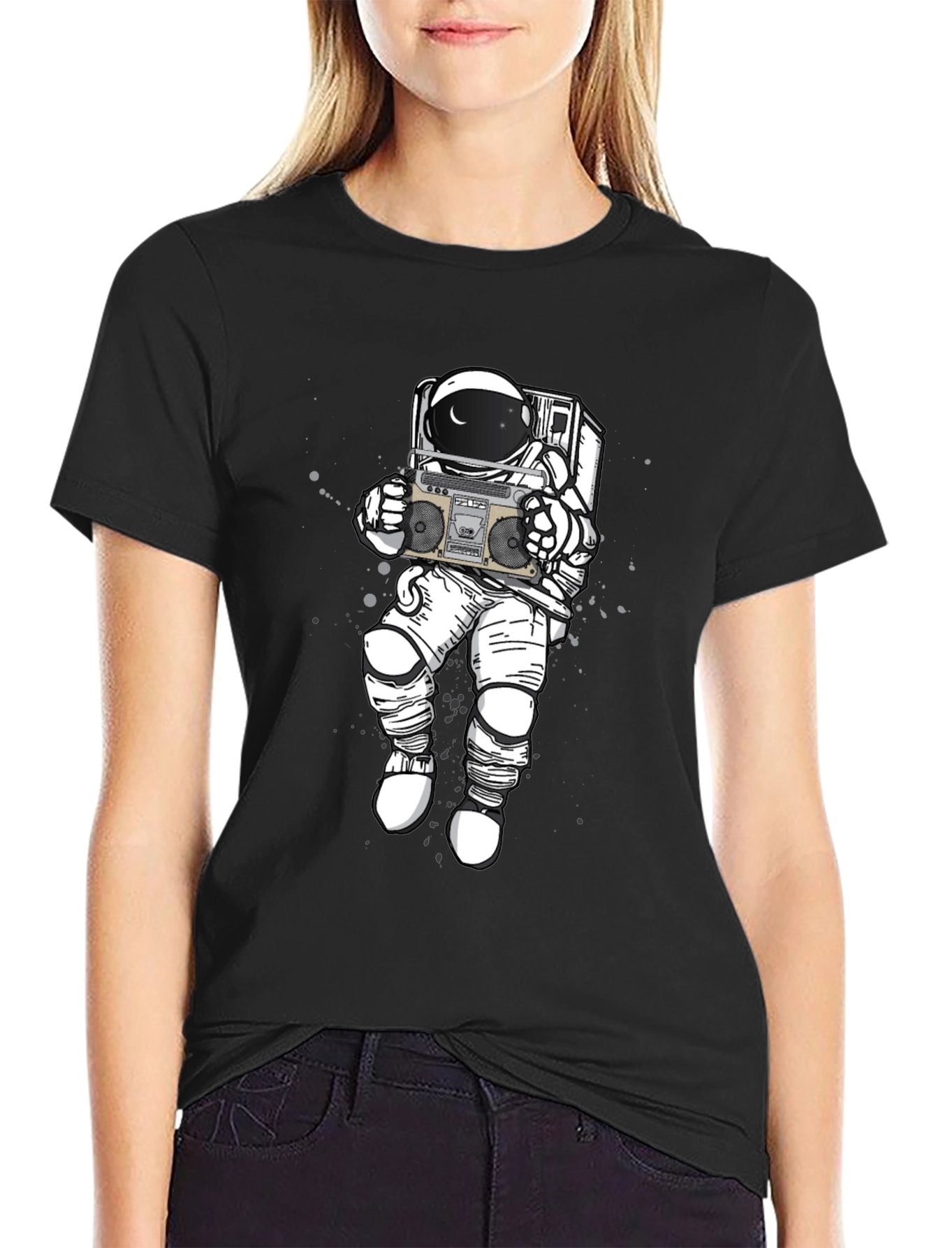 Retro Astronaut Boombox Graphic Tee - Black