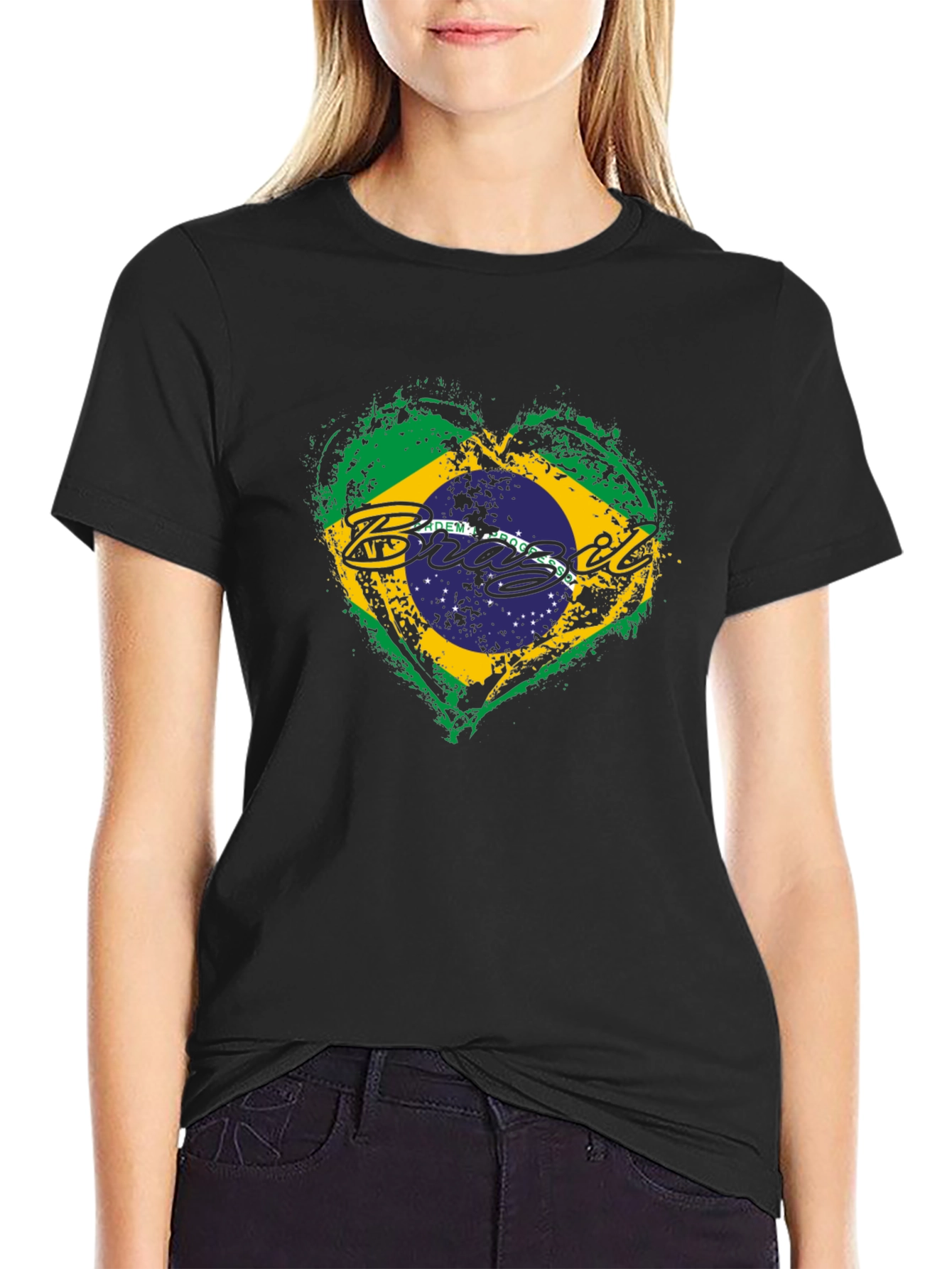 Brazil Flag Heart Black T-Shirt