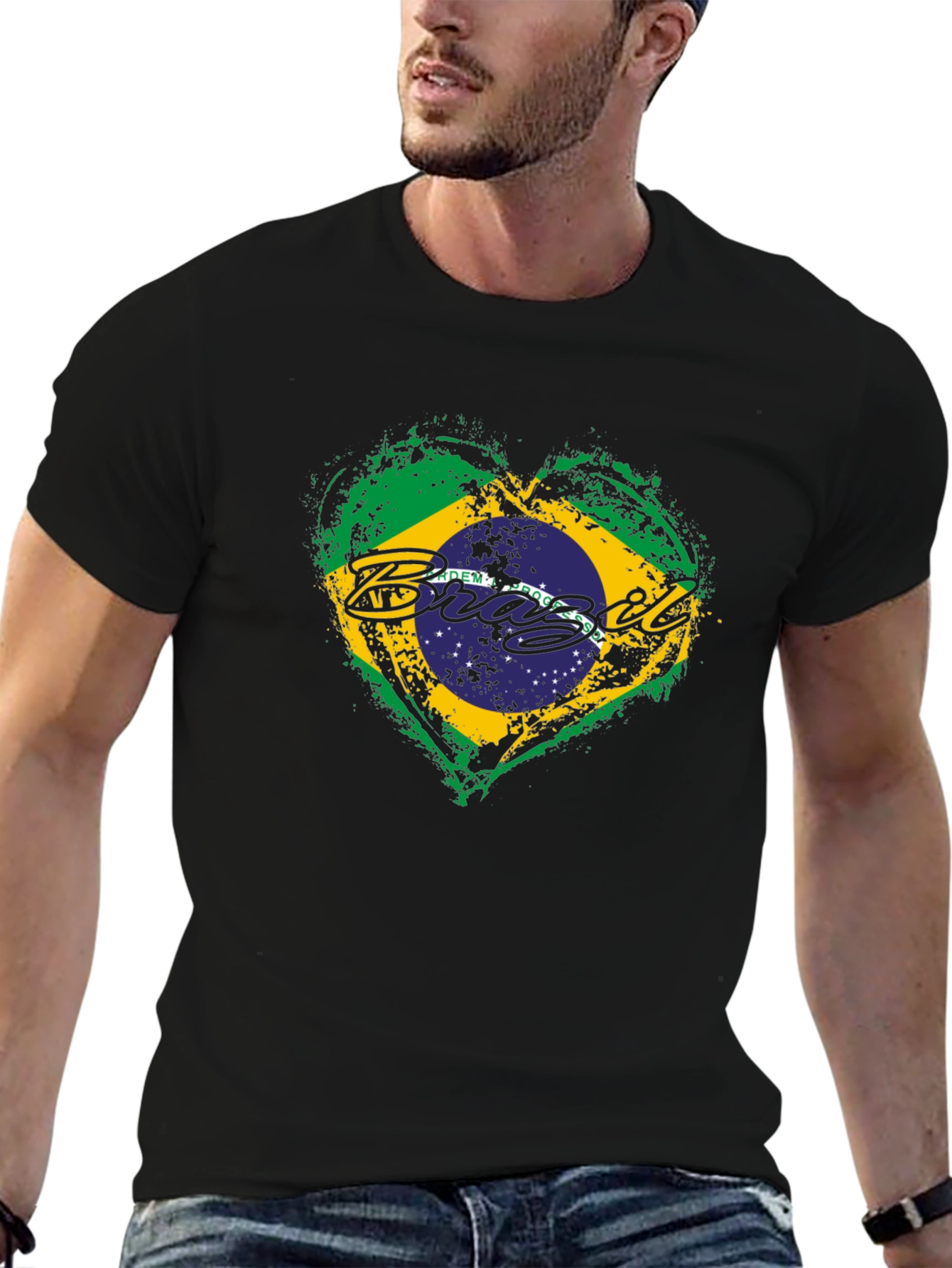 Brazil Flag Heart Black T-Shirt
