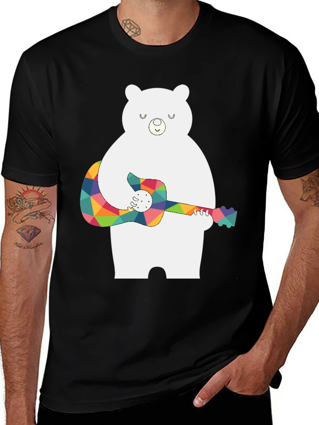 Bear Playing Guitar Black T-Shirt