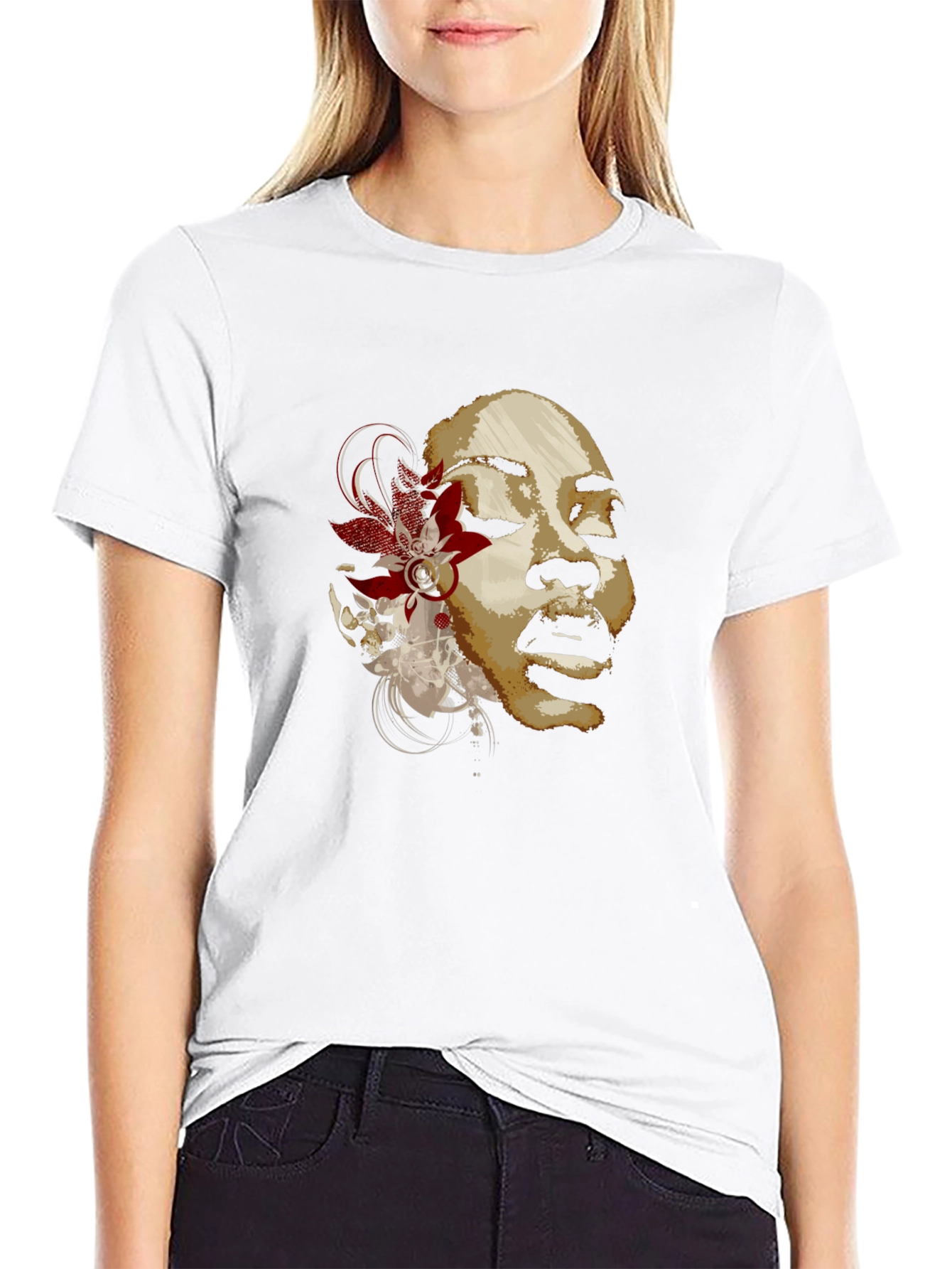 Floral Woman Graphic T-Shirt - Black Cotton Blend