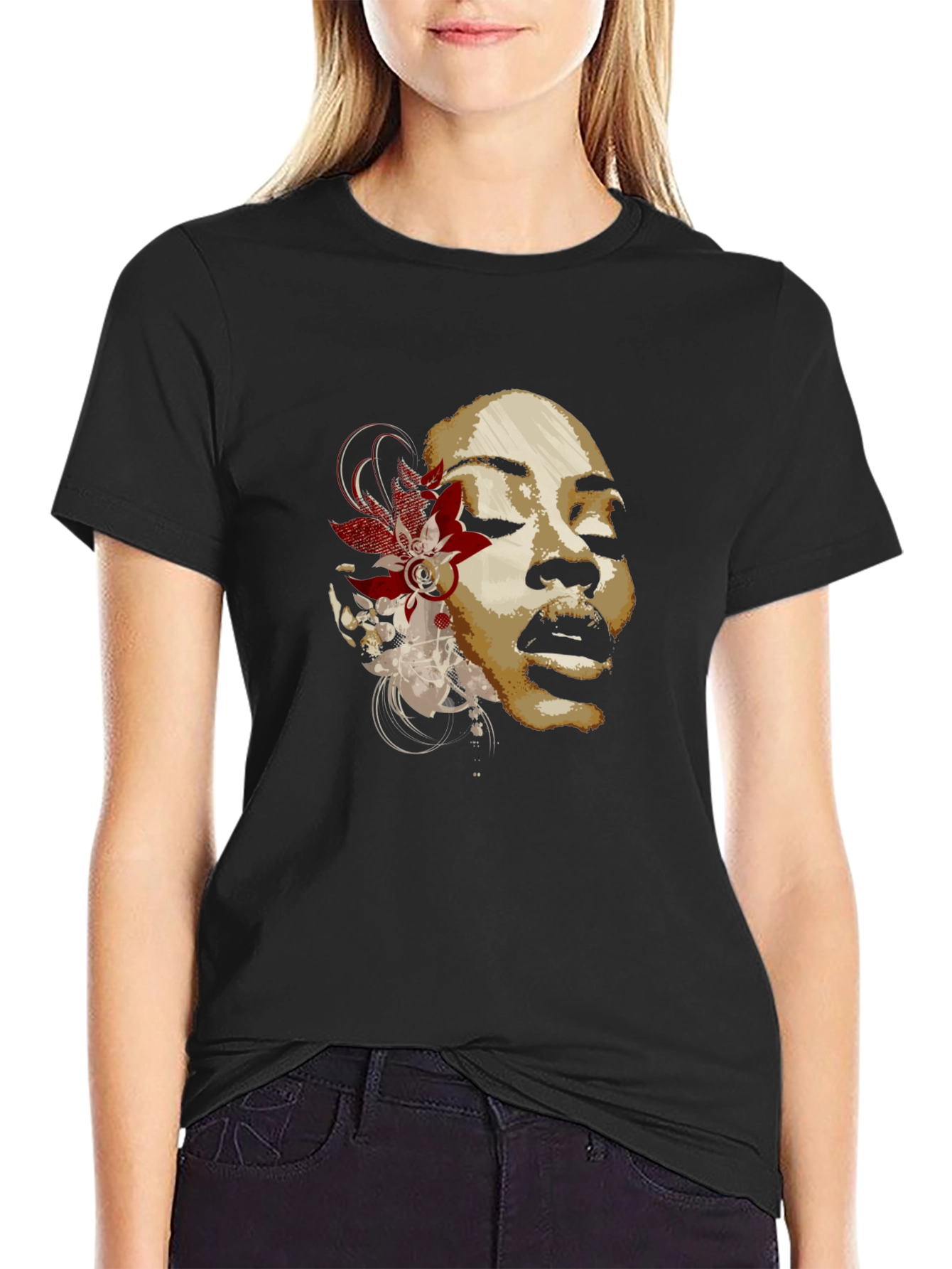 Floral Woman Graphic T-Shirt - Black Cotton Blend