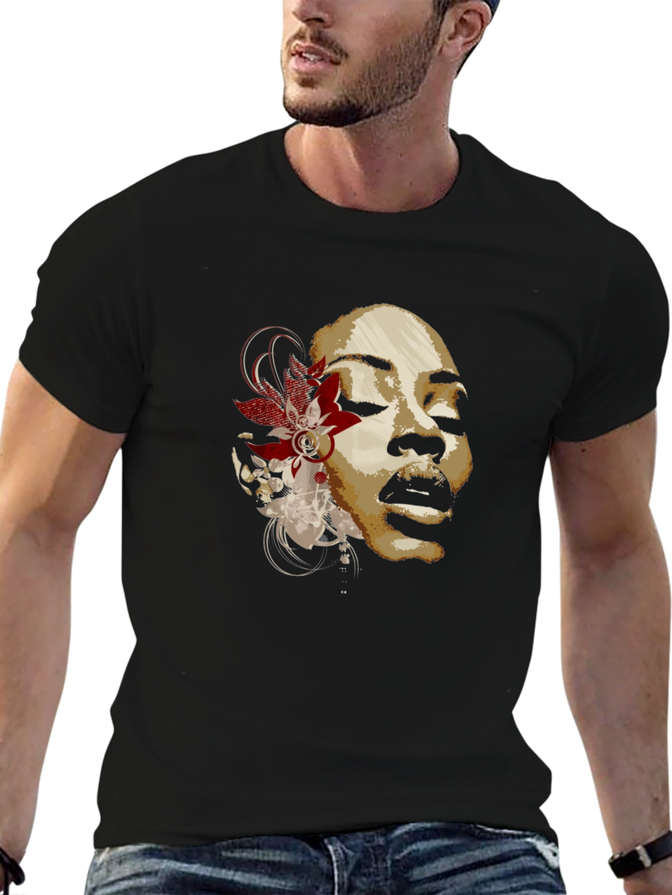 Floral Woman Graphic T-Shirt - Black Cotton Blend