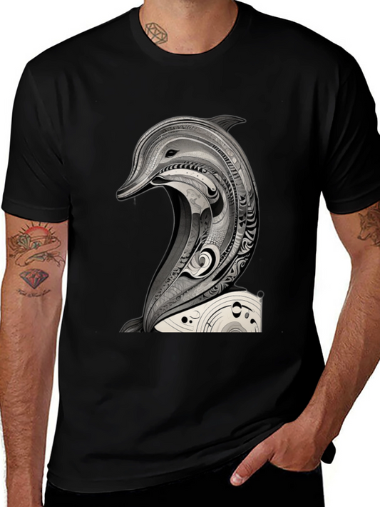 Black T-Shirt with Dolphin Art Graphic Tee