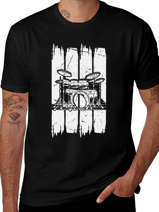 Drum Set Graphic T-Shirt Black Cotton Blend