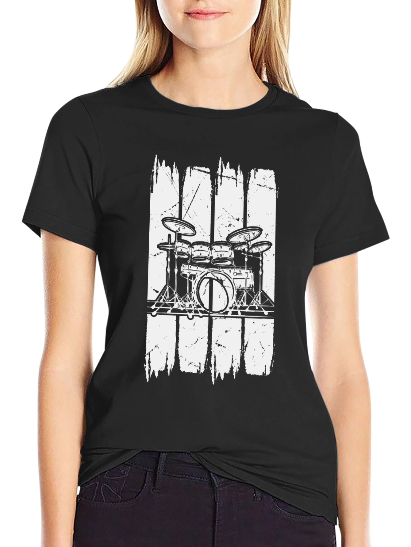 Drum Set Graphic T-Shirt Black Cotton Blend