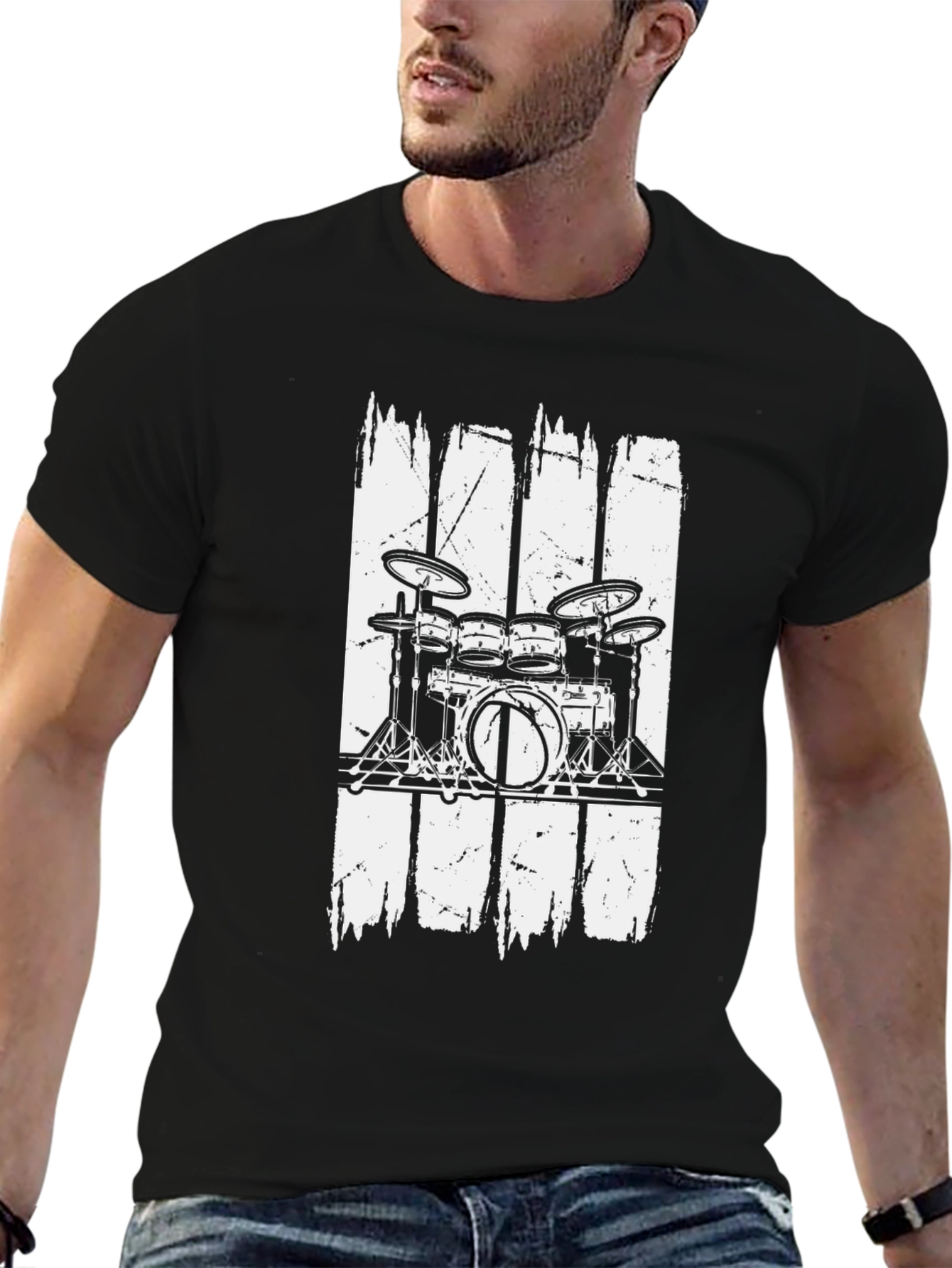 Drum Set Graphic T-Shirt Black Cotton Blend
