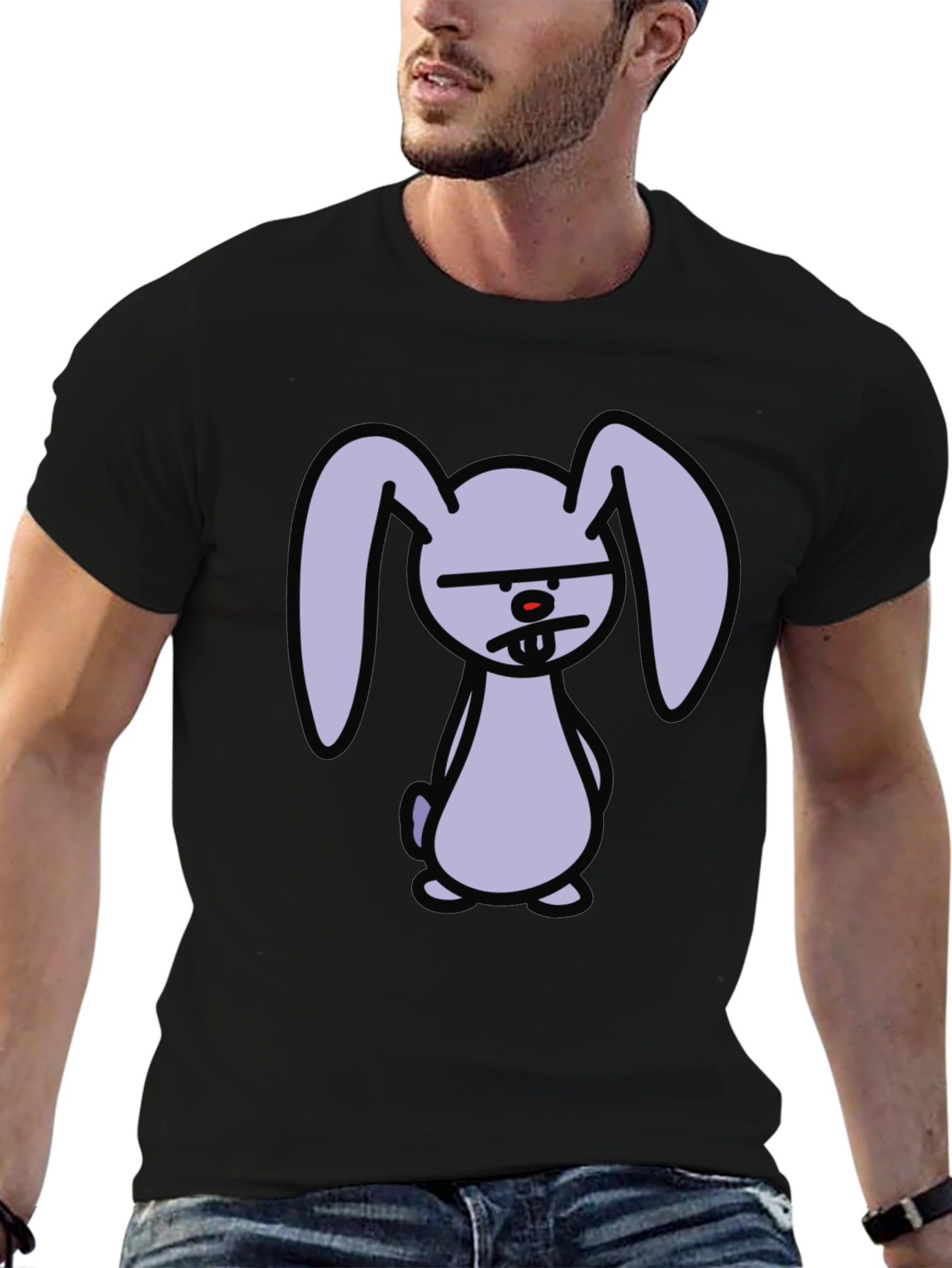 Grumpy Cartoon Bunny Graphic Black T-Shirt