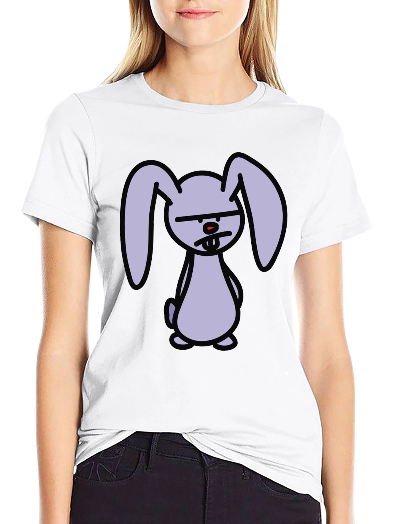Grumpy Cartoon Bunny Graphic Black T-Shirt