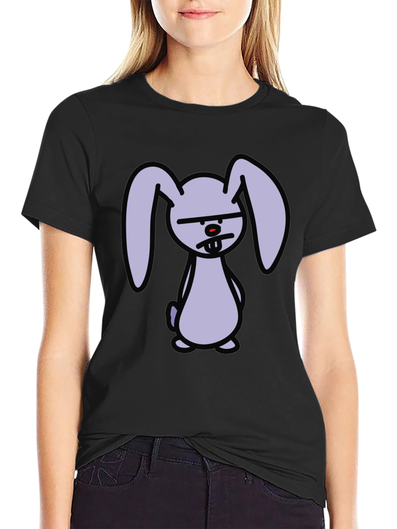 Grumpy Cartoon Bunny Graphic Black T-Shirt