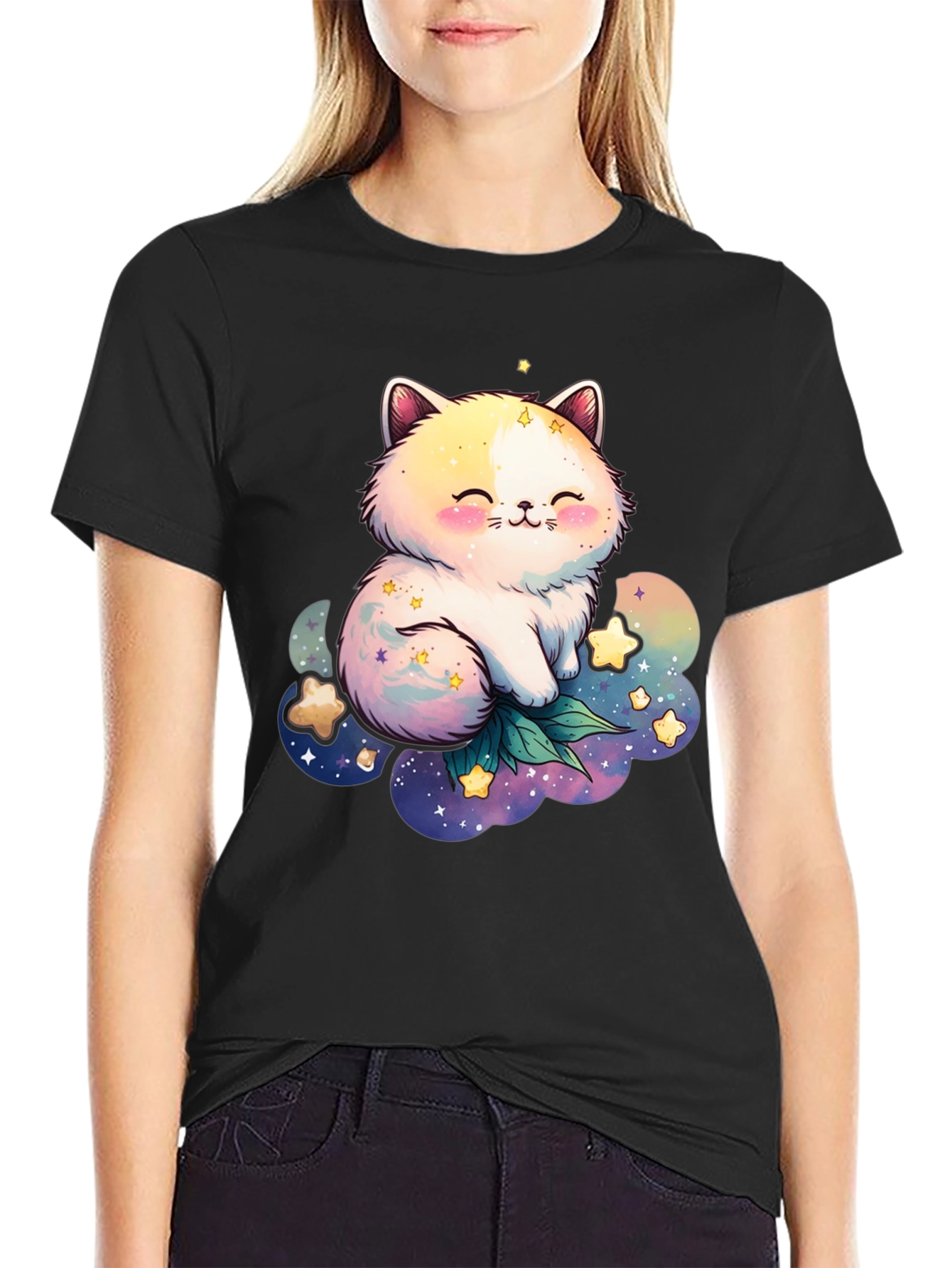 Cute Cat and Starry Cloud Graphic Tee