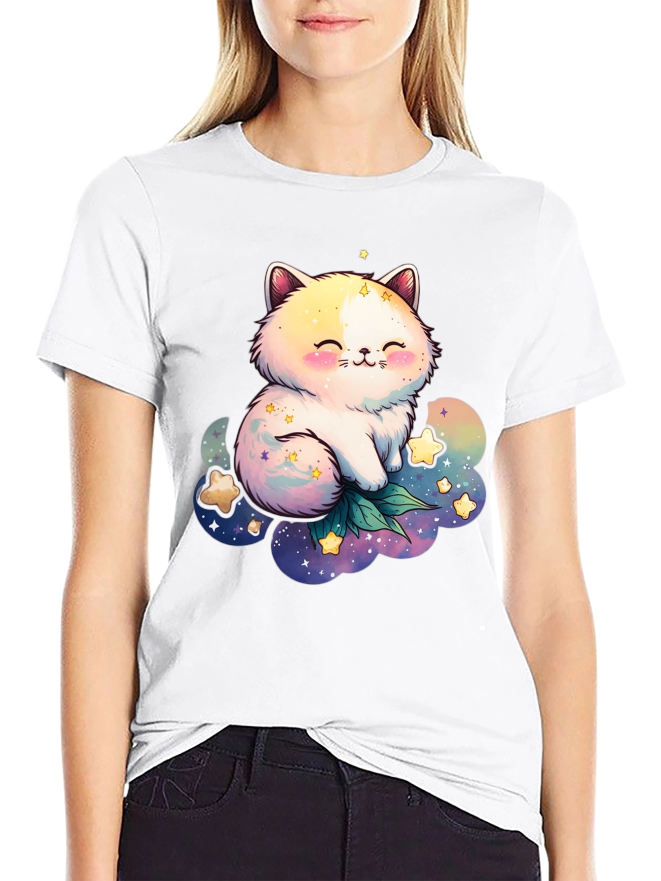 Cute Cat and Starry Cloud Graphic Tee