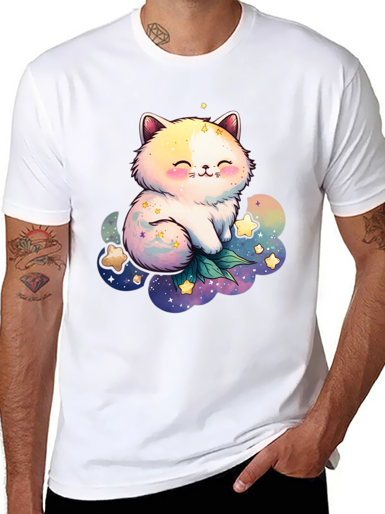 Cute Cat and Starry Cloud Graphic Tee
