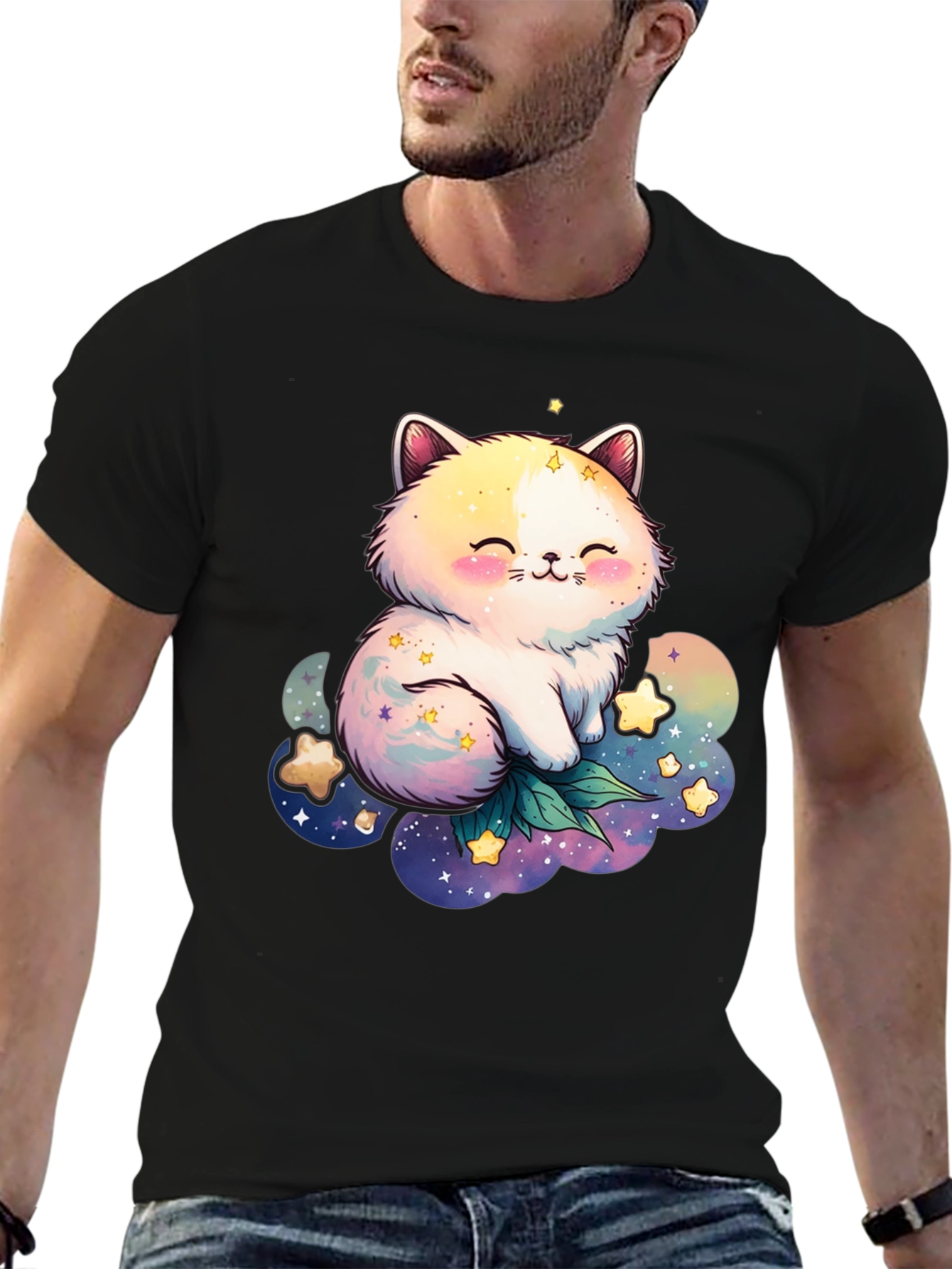 Cute Cat and Starry Cloud Graphic Tee