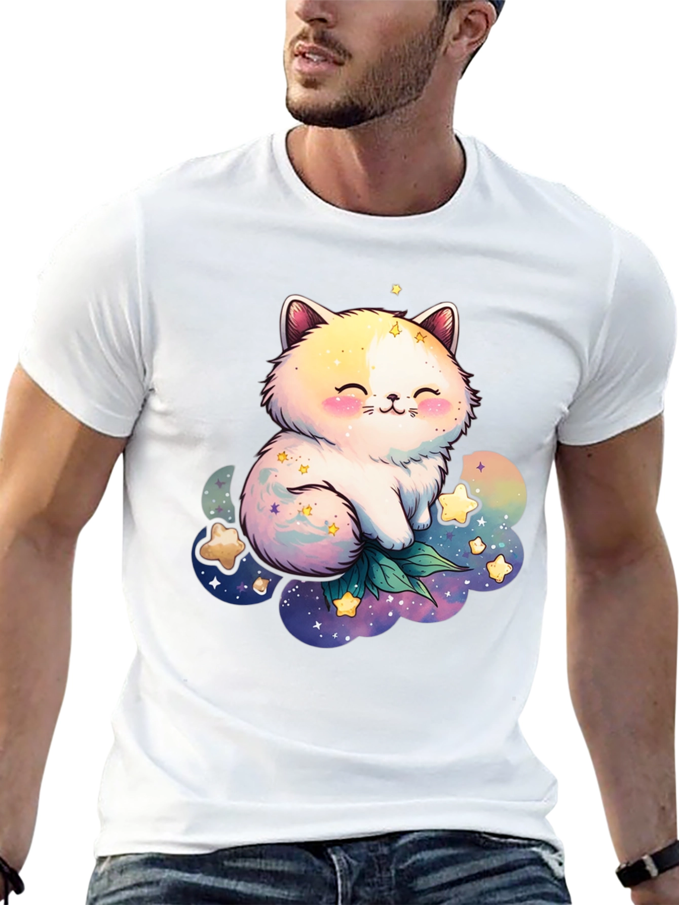 Cute Cat and Starry Cloud Graphic Tee