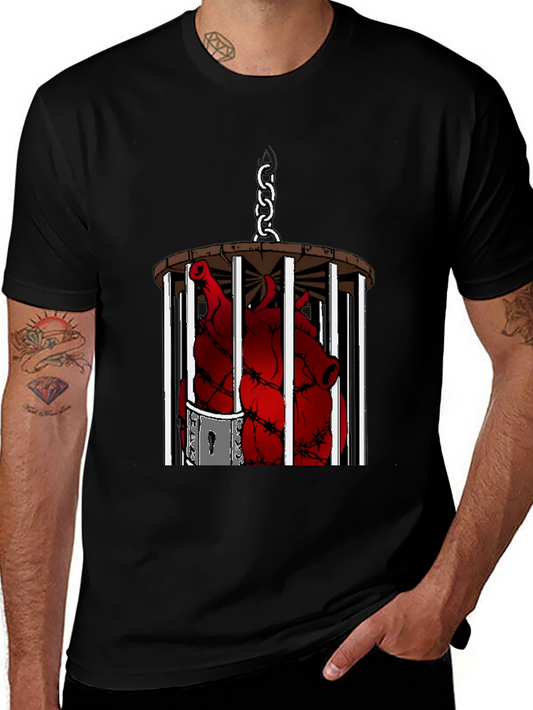 Caged Heart Graphic Tee - Artistic Black T-Shirt