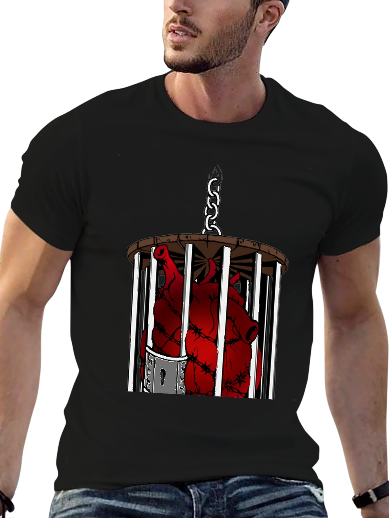 Caged Heart Graphic Tee - Artistic Black T-Shirt