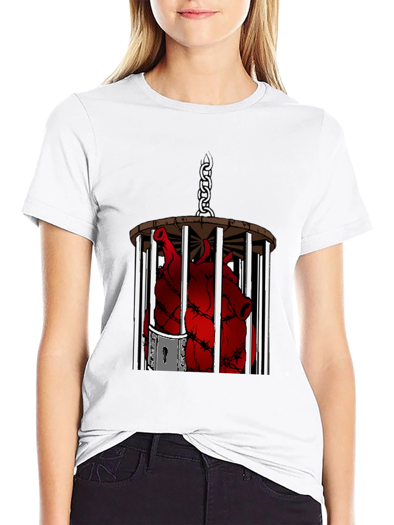 Caged Heart Graphic Tee - Artistic Black T-Shirt