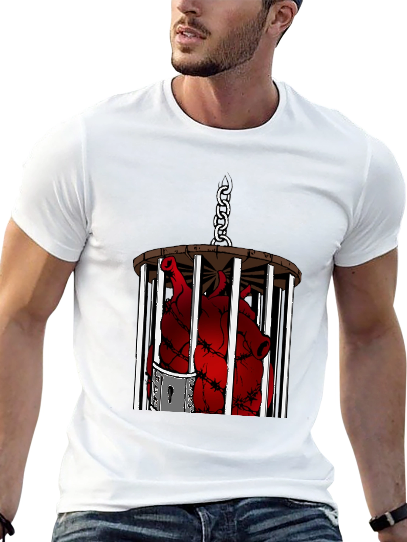 Caged Heart Graphic Tee - Artistic Black T-Shirt