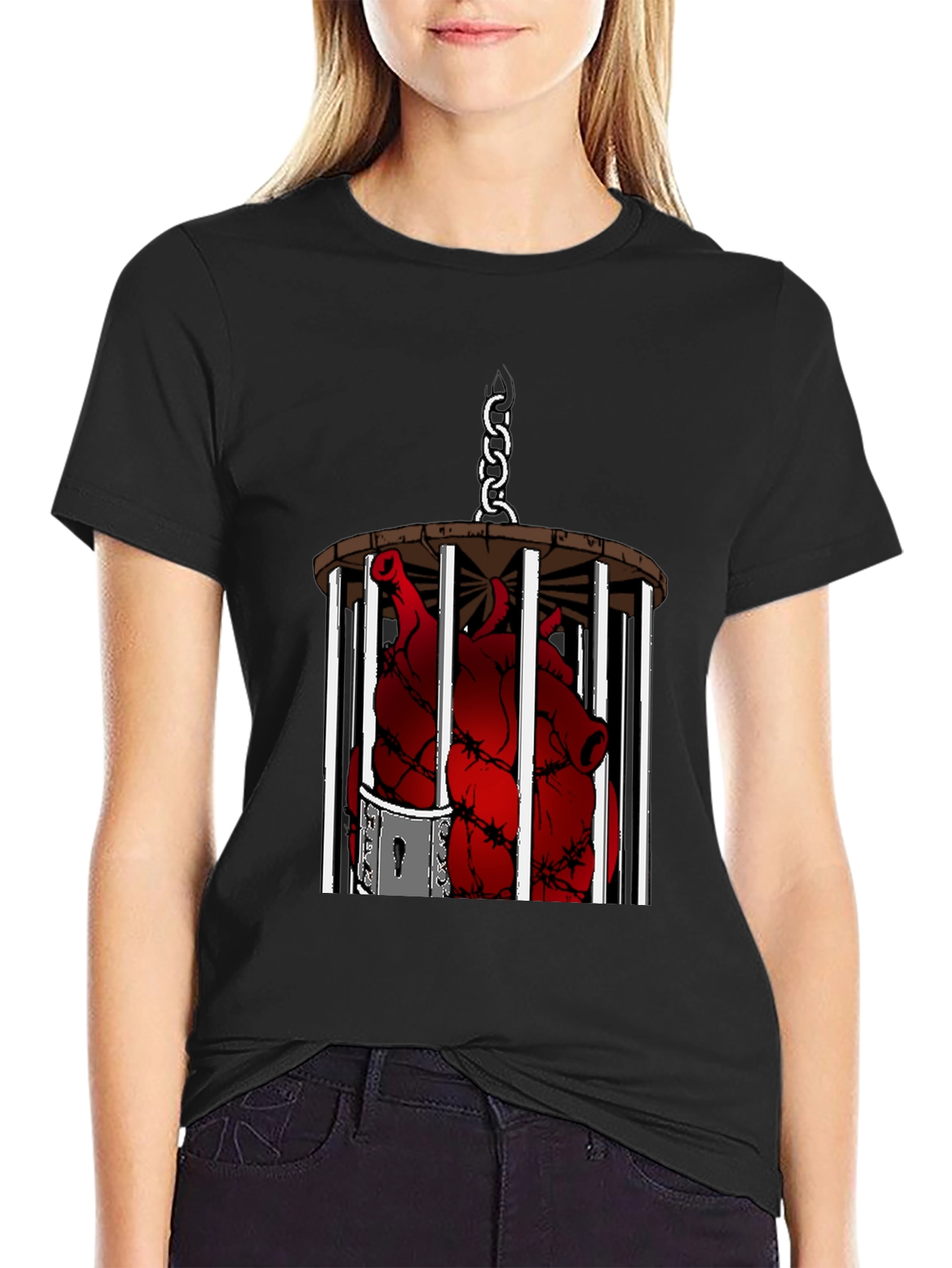 Caged Heart Graphic Tee - Artistic Black T-Shirt