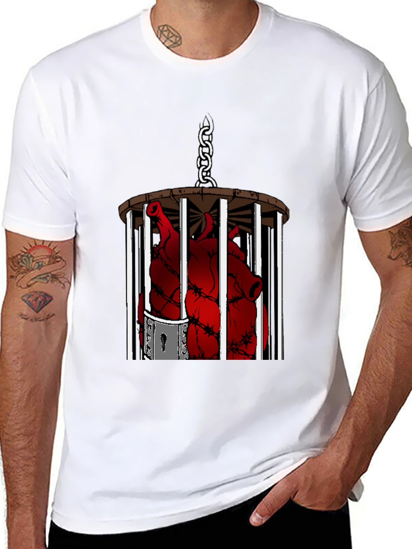 Caged Heart Graphic Tee - Artistic Black T-Shirt