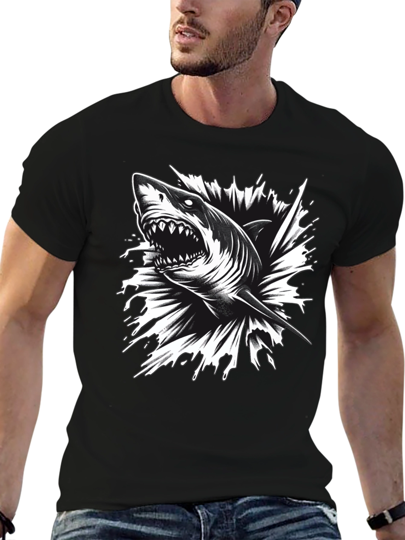 Mens Black Shark Graphic Tee - Bold & Edgy!