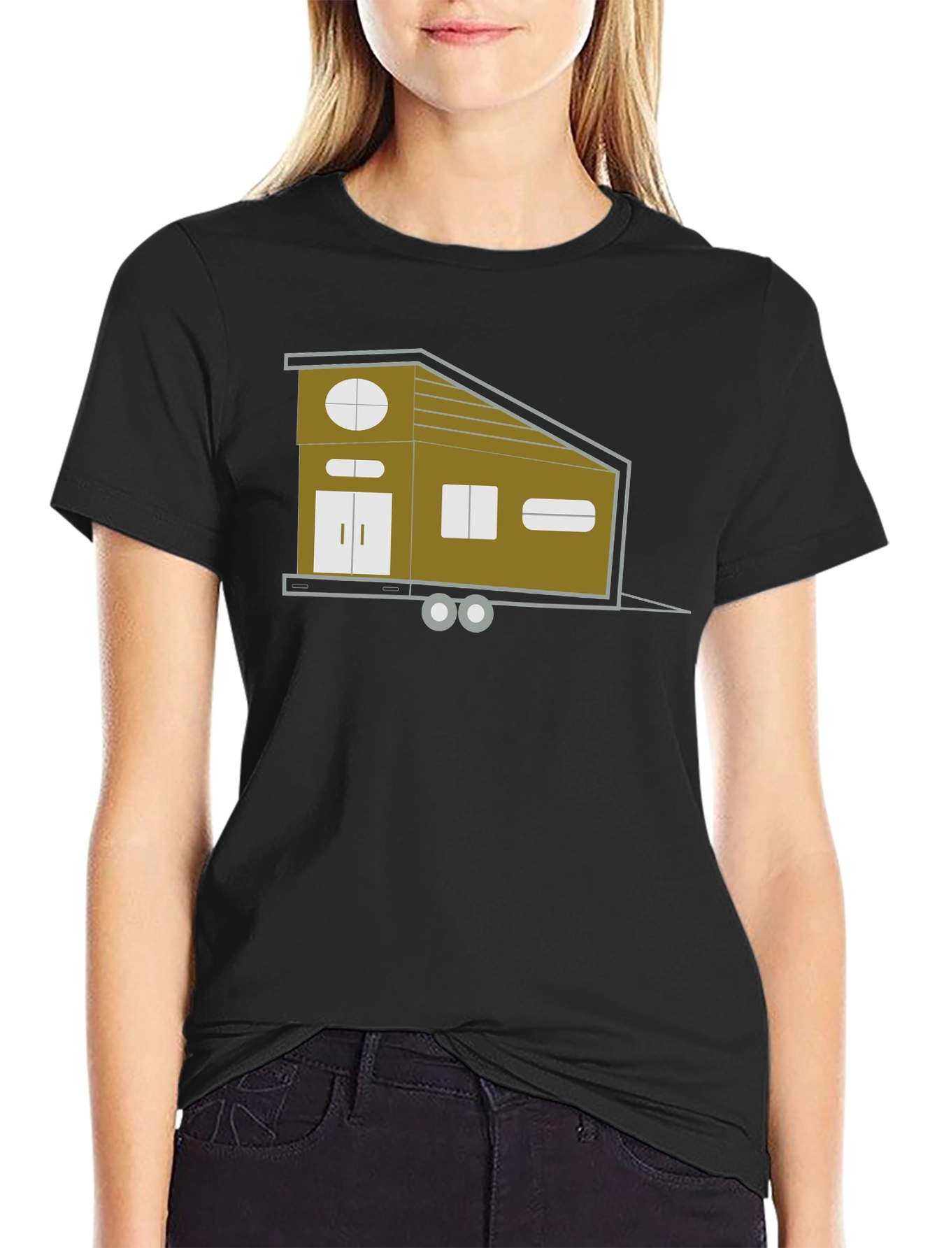 Modern Tiny House Graphic Tee - Black Cotton Blend