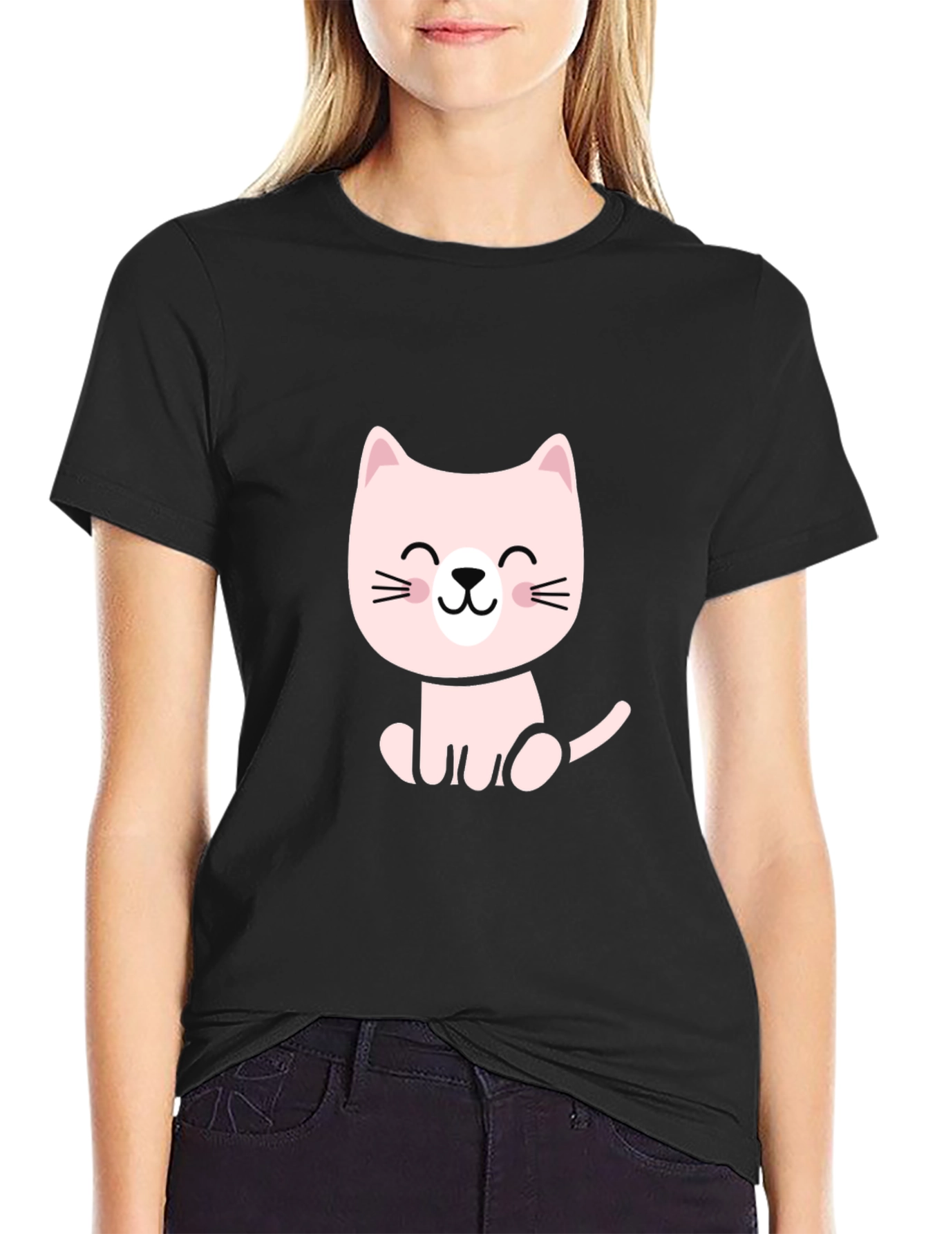 Cute Cartoon Cat Black T-Shirt