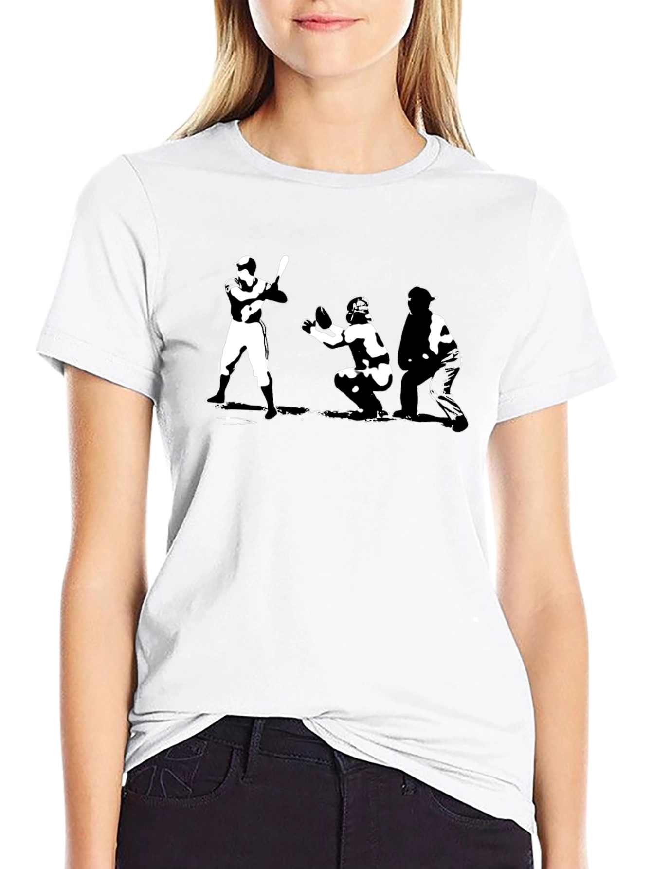 Baseball T-Shirt Batter Catcher Umpire Black Cotton