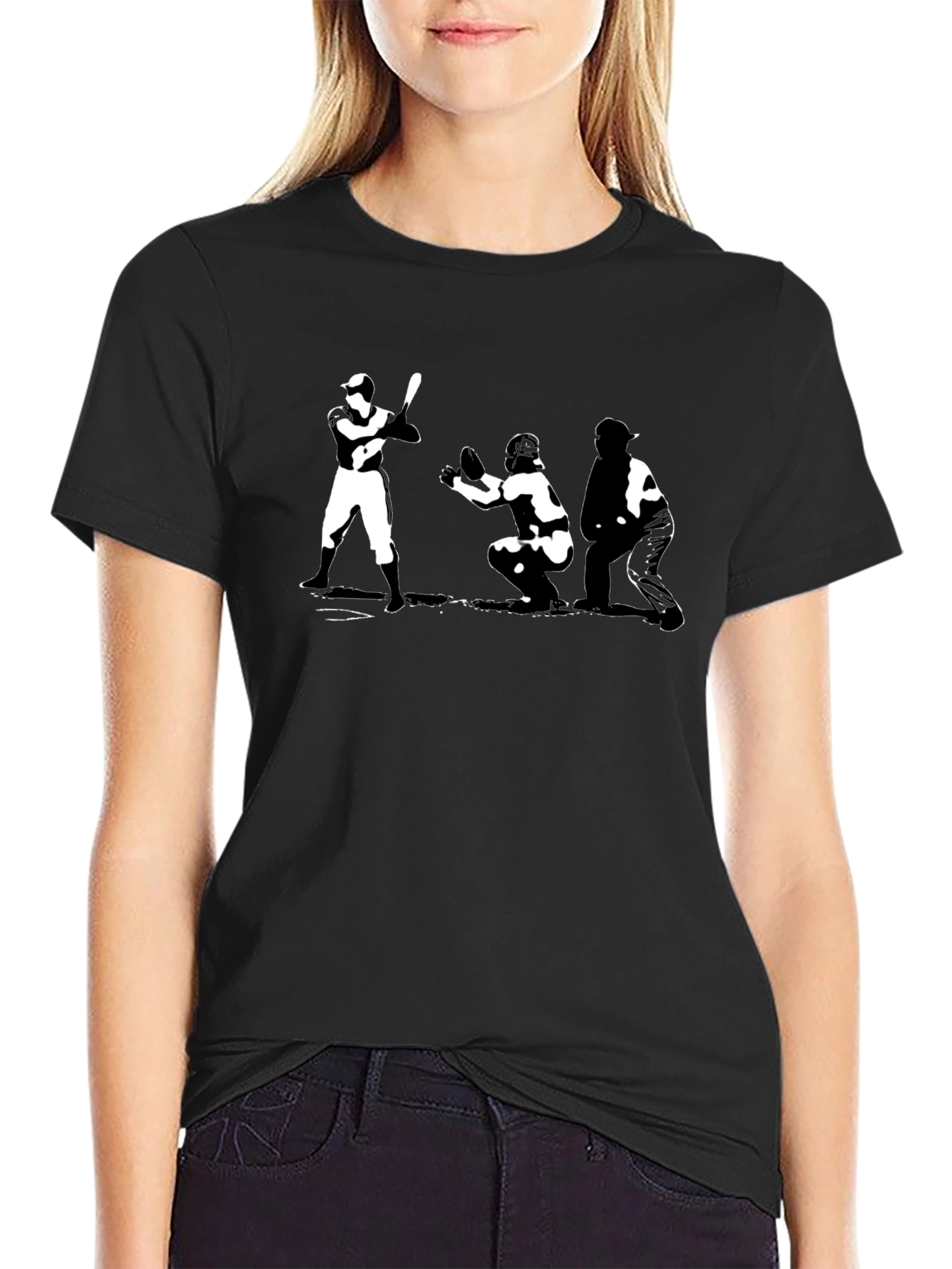 Baseball T-Shirt Batter Catcher Umpire Black Cotton