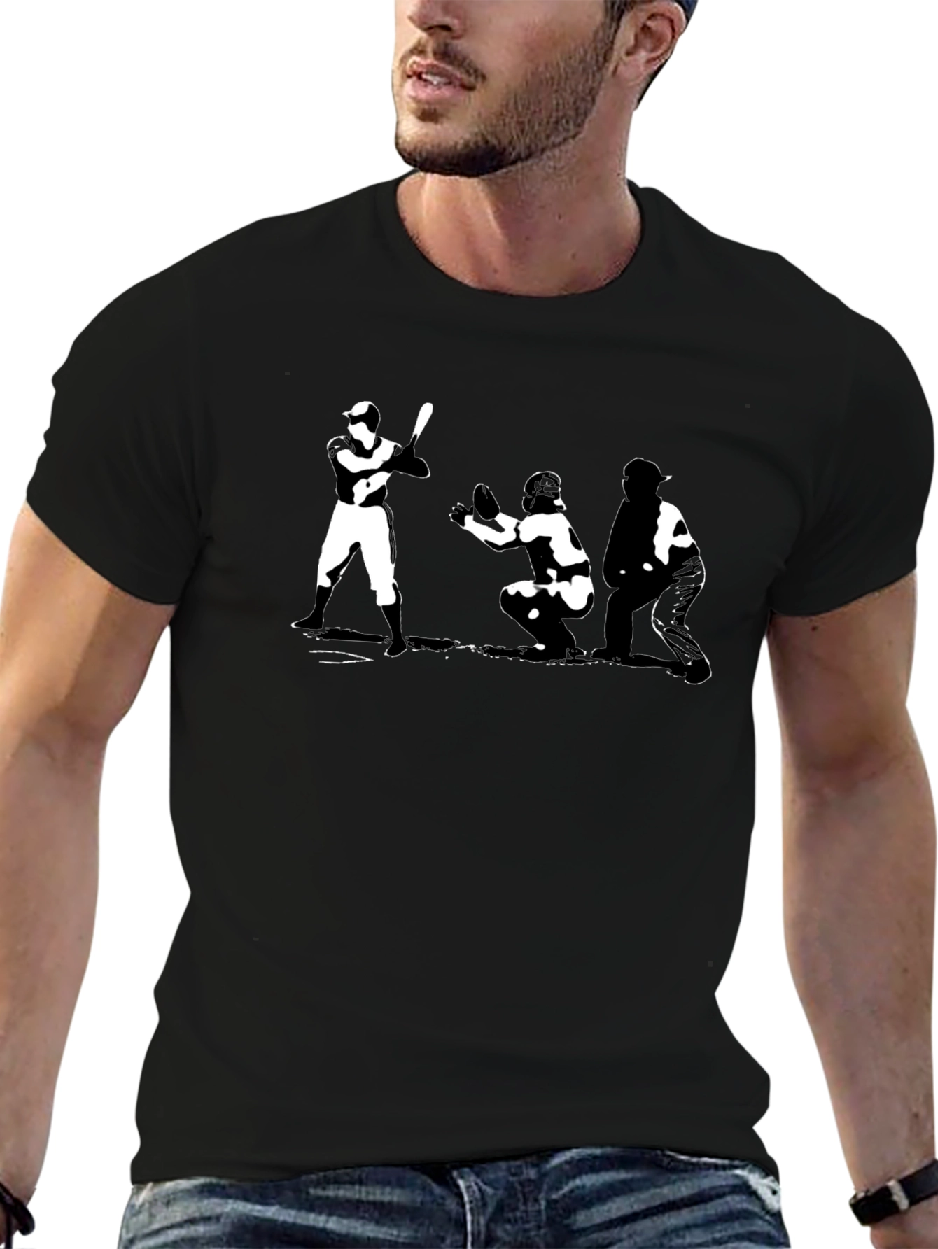Baseball T-Shirt Batter Catcher Umpire Black Cotton