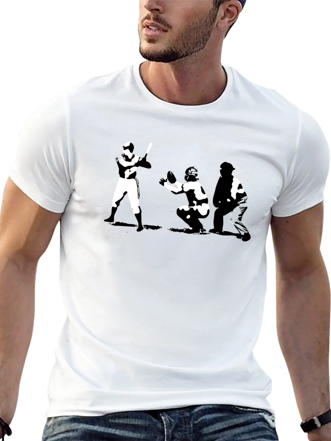 Baseball T-Shirt Batter Catcher Umpire Black Cotton