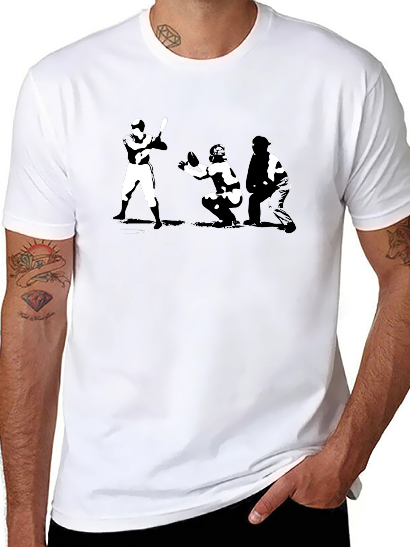 Baseball T-Shirt Batter Catcher Umpire Black Cotton