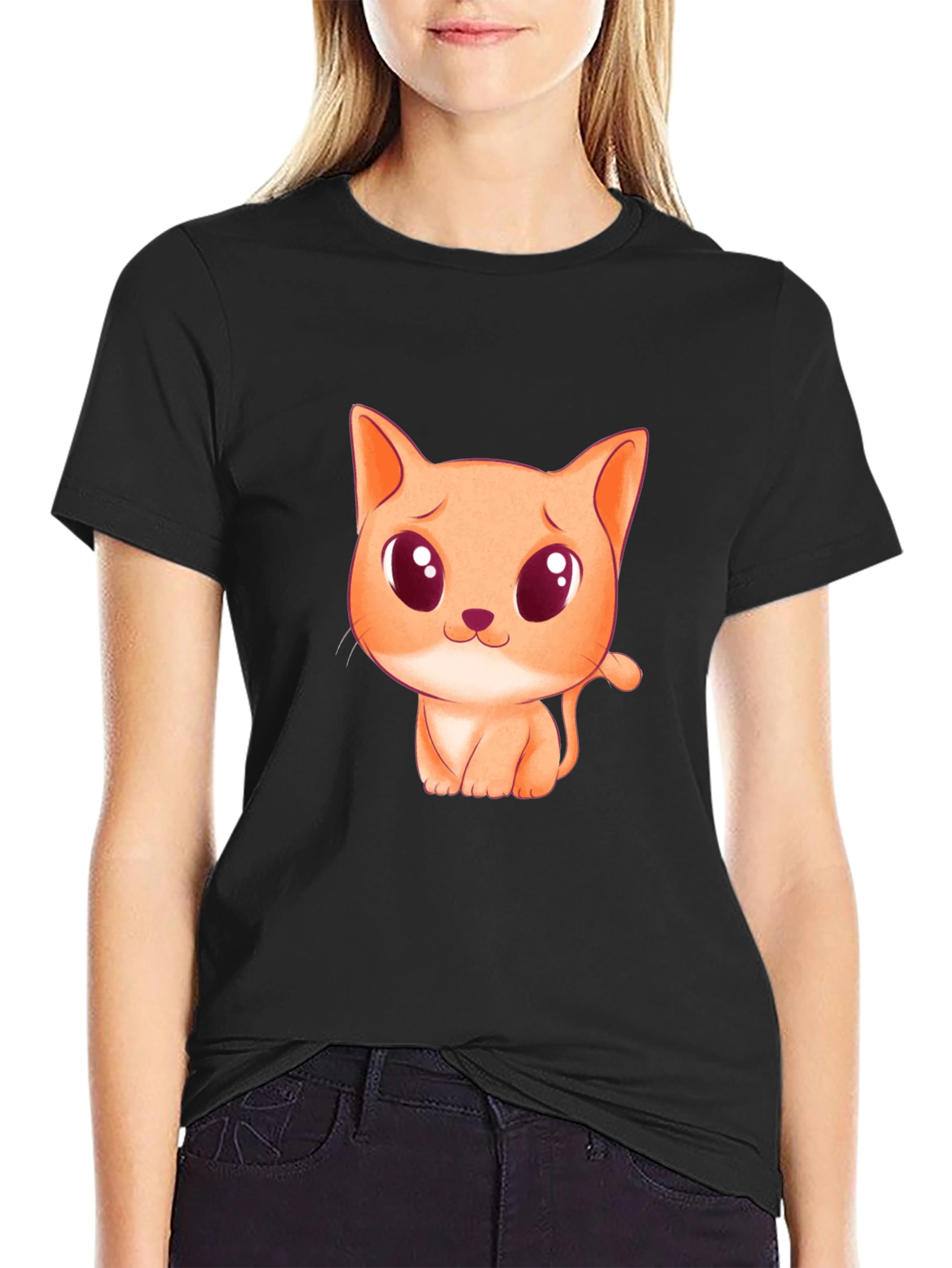 Cute Cartoon Cat Graphic Black T-Shirt