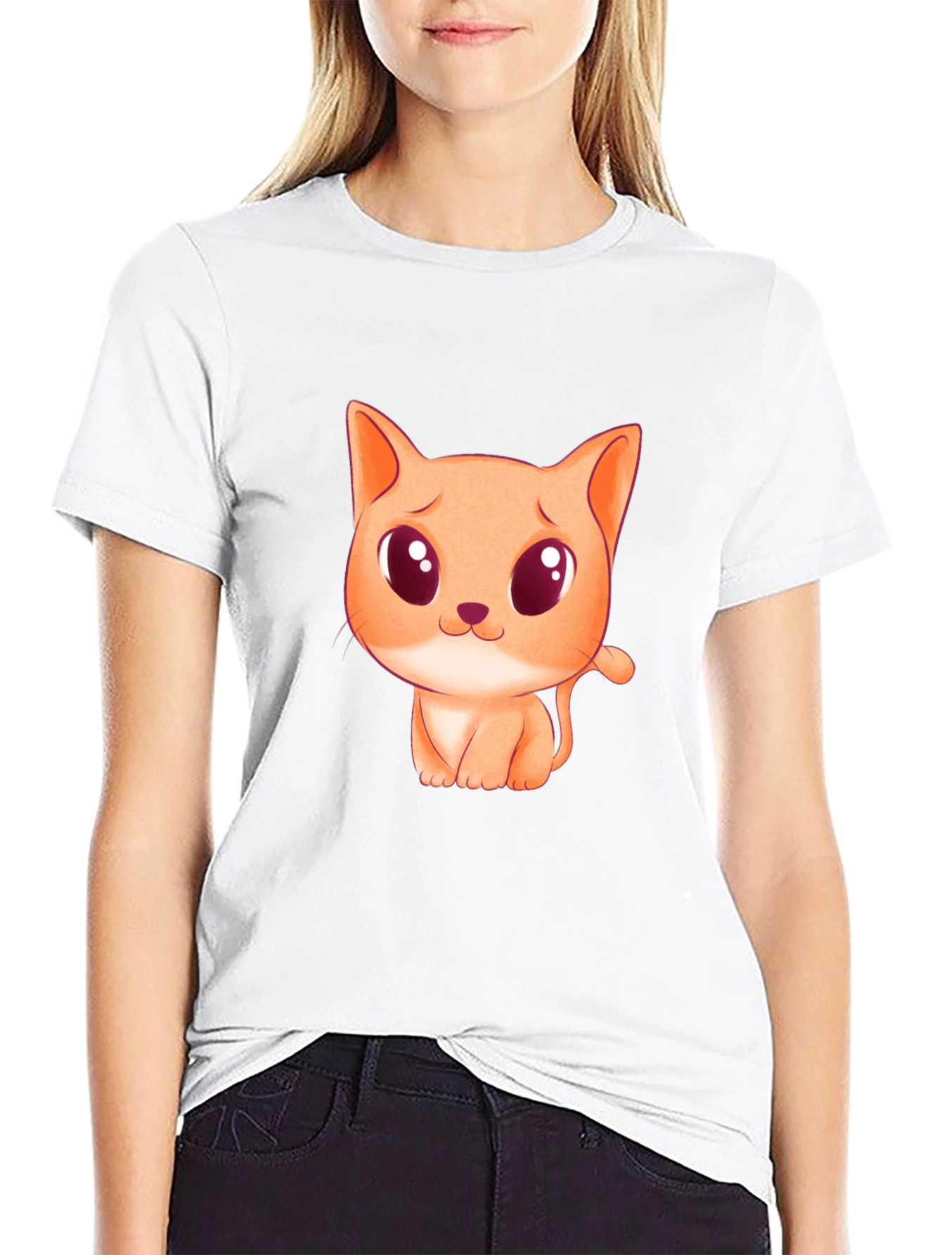 Cute Cartoon Cat Graphic Black T-Shirt