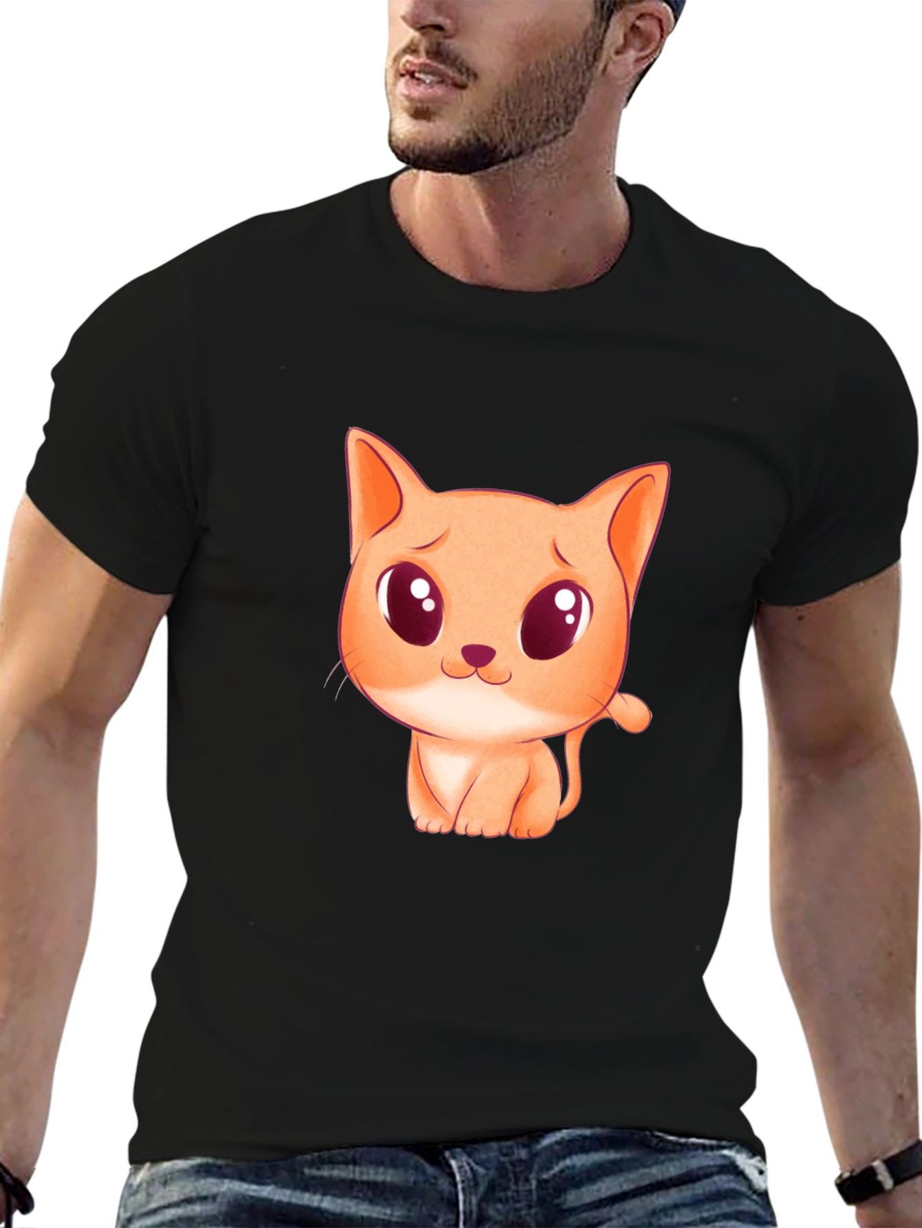Cute Cartoon Cat Graphic Black T-Shirt