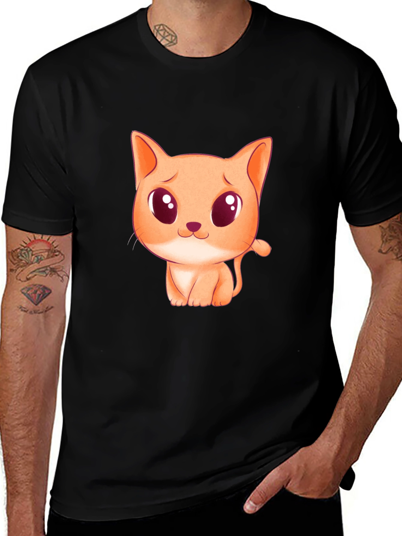 Cute Cartoon Cat Graphic Black T-Shirt