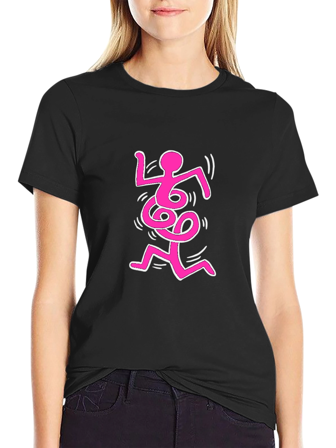 Abstract Pink Figure on Black Tee