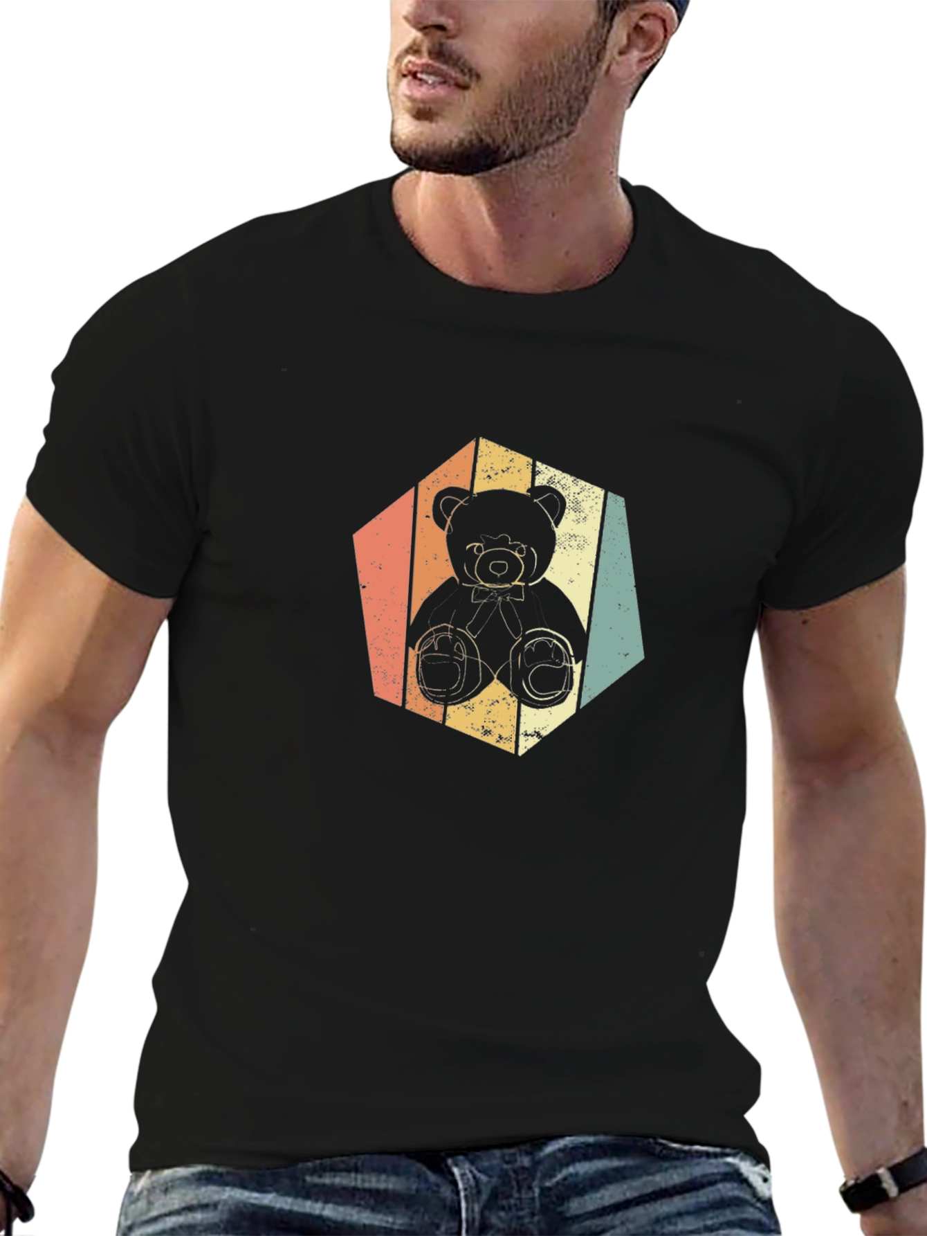 Retro Teddy Bear Graphic Tee - Soft Black T-Shirt