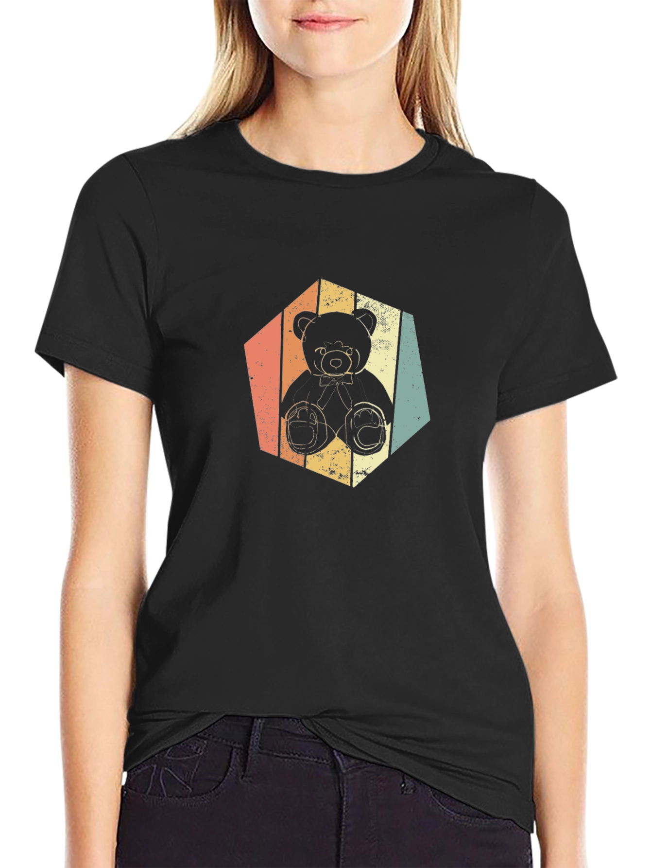 Retro Teddy Bear Graphic Tee - Soft Black T-Shirt