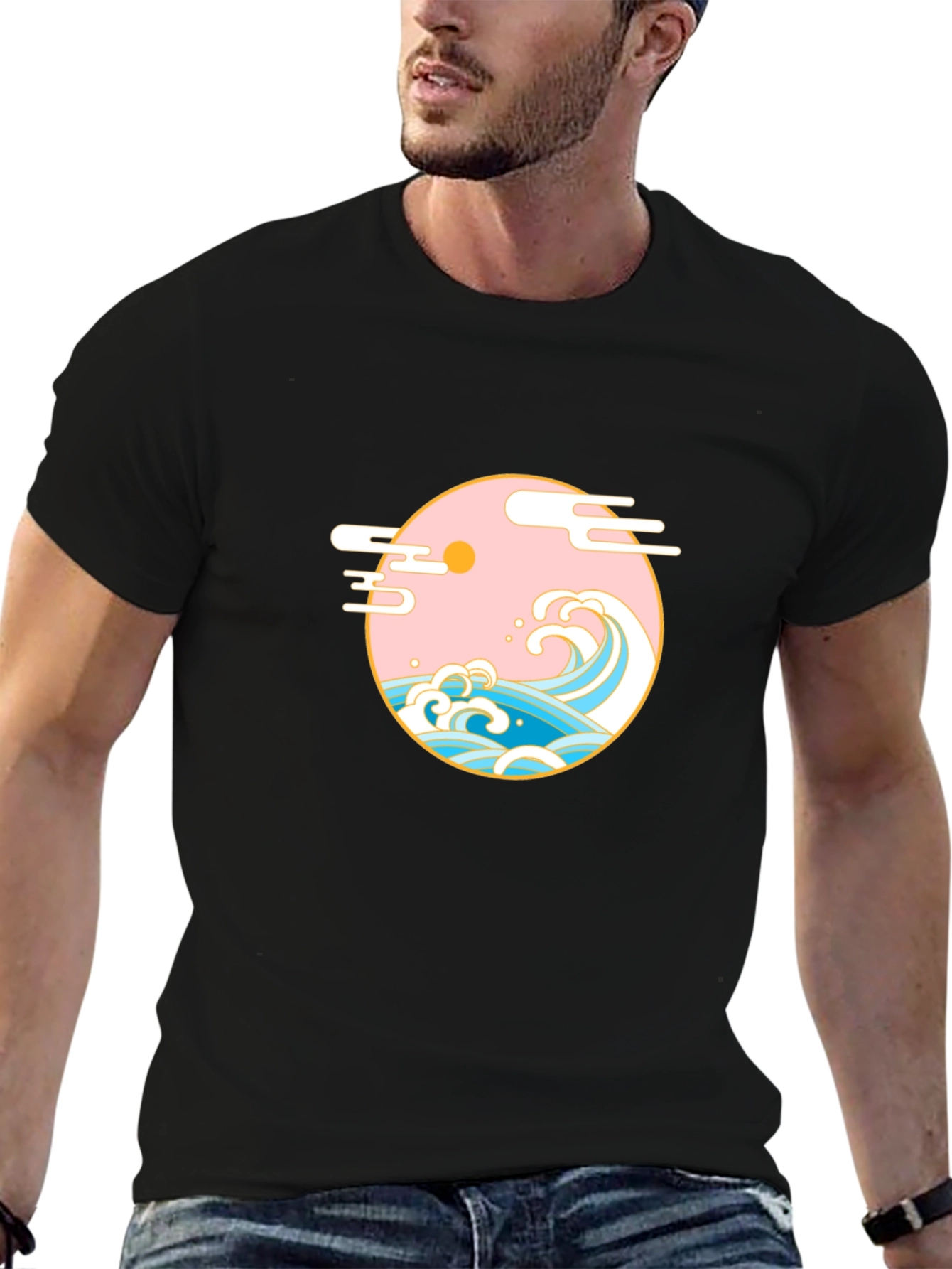 Black T-Shirt with Japanese Wave Graphic
