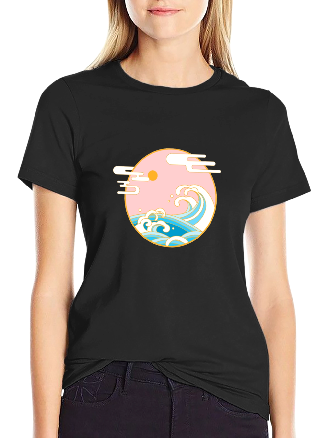 Black T-Shirt with Japanese Wave Graphic