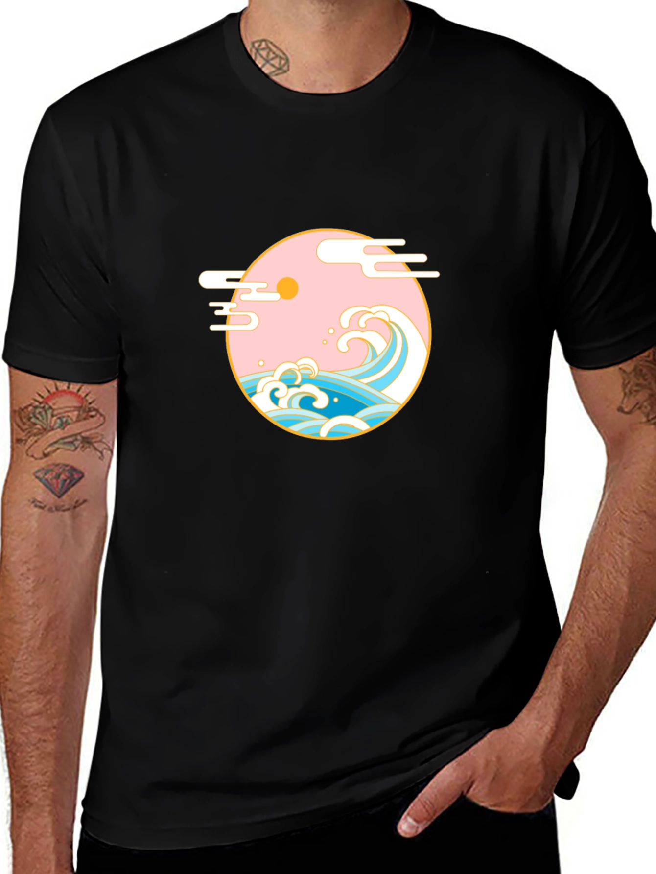 Black T-Shirt with Japanese Wave Graphic