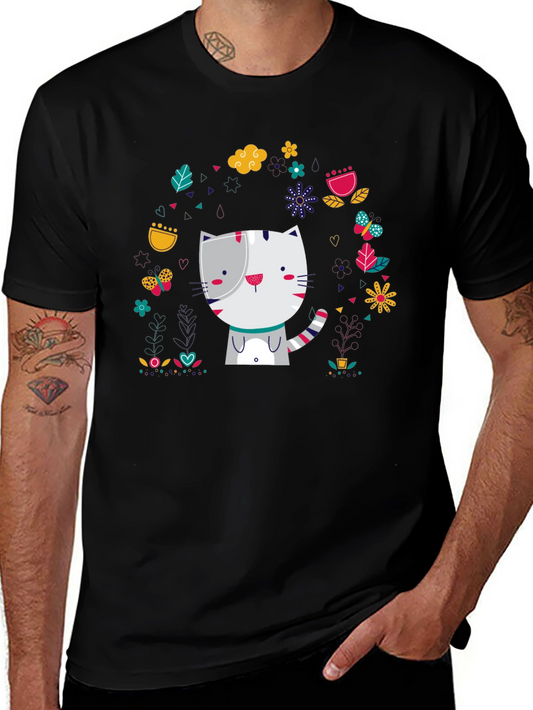 Cute Cat Floral Design Black T-Shirt