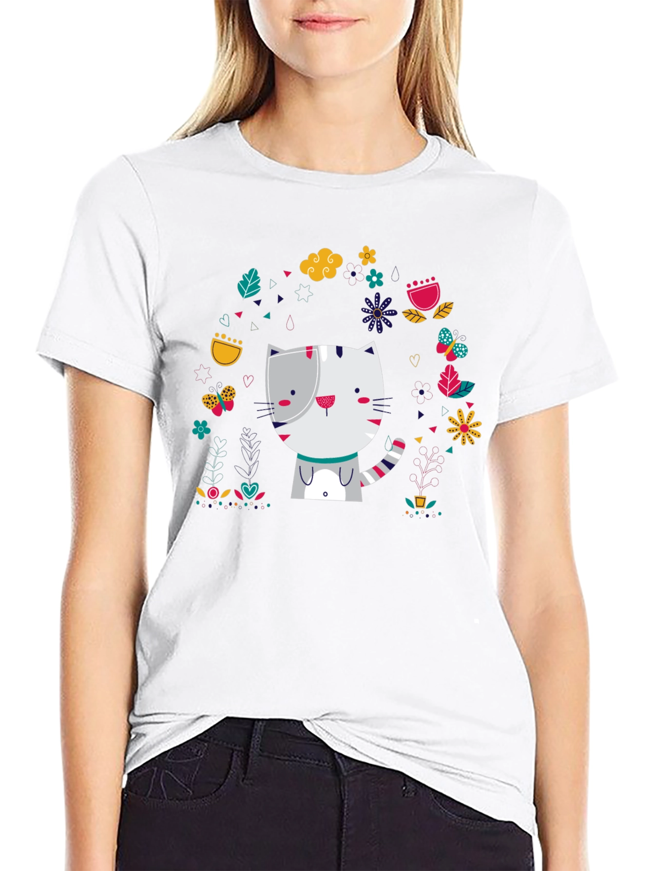 Cute Cat Floral Design Black T-Shirt