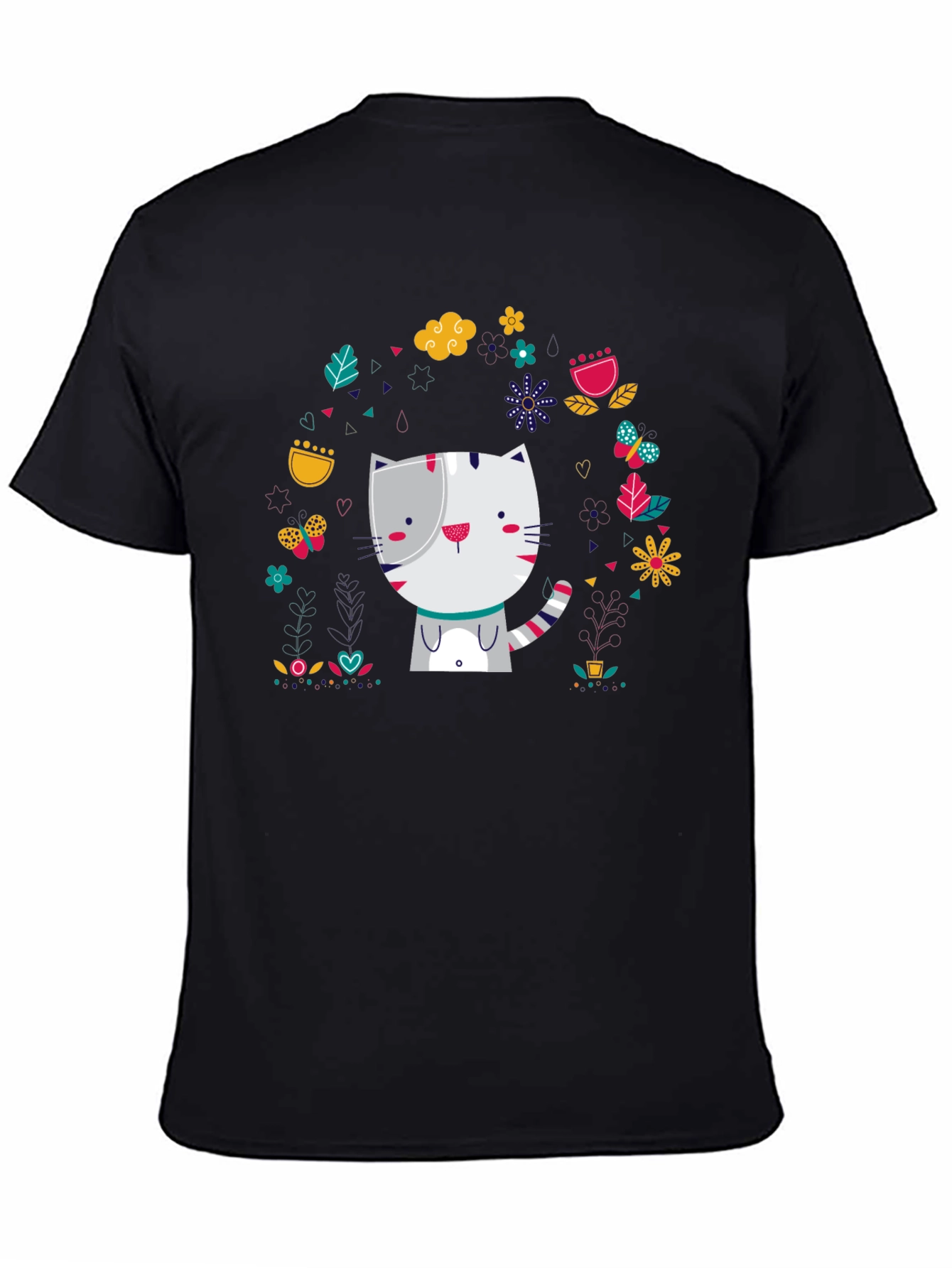 Cute Cat Floral Design Black T-Shirt